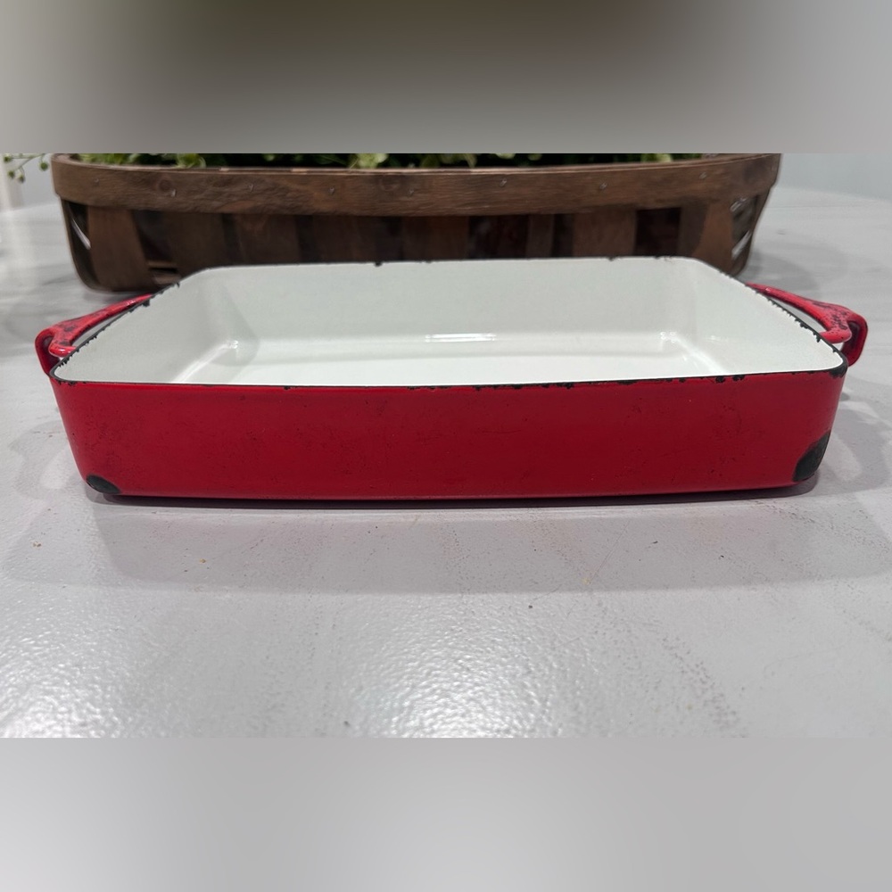 Red and White Enamel Rectangular Baking Dish
